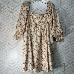 Hudson Gray Floral Babydoll Dress Puff Sleeve Square Neck Cream Coral Mini Dress